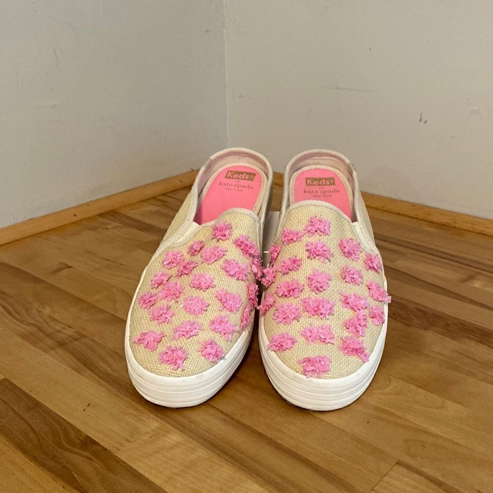 Kate Spade x Keds Natural Woven Pink Pom Pom Slide On Mule Sneakers Size 9 1/2